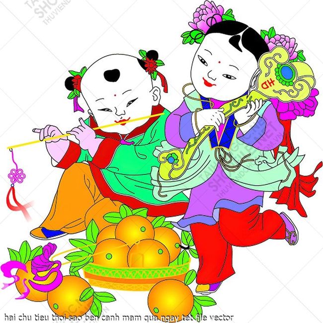 hai chu tieu thoi sao ben canh mam qua ngay tet file vector